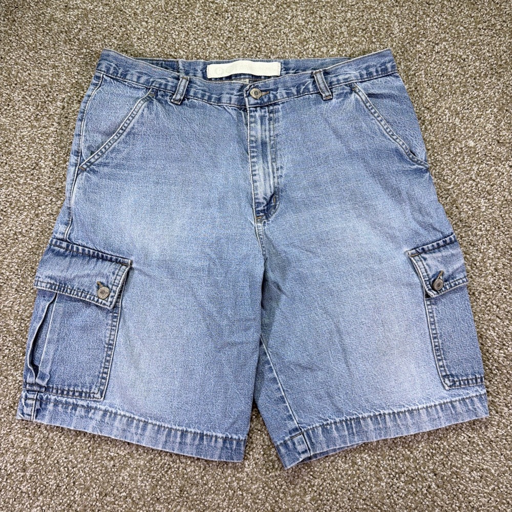 90s Denim Cargo Shorts Relaxed Fit Classic Faded Light Wash Size 34 Waist O.C.I